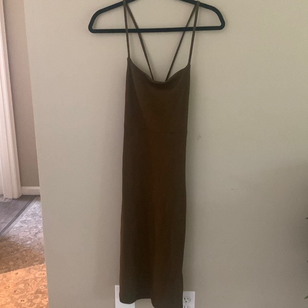 Womens knit dress, cami straps, crisscross self-tie back, slit, and bodycon.